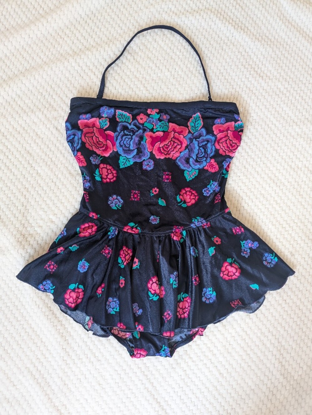 Retro 80s Lands End Floral Basque Waist Skirted One Piece Swimsuit Blue & Pink